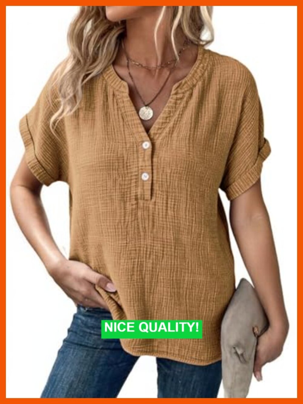 Women's Cotton Button Front Short Sleeve V-Neck Blouse Boho Top